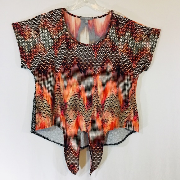 Aztec look,  Crop Top Orange/Black Southwestern High Low Front Tie. XL - Picture 7 of 8